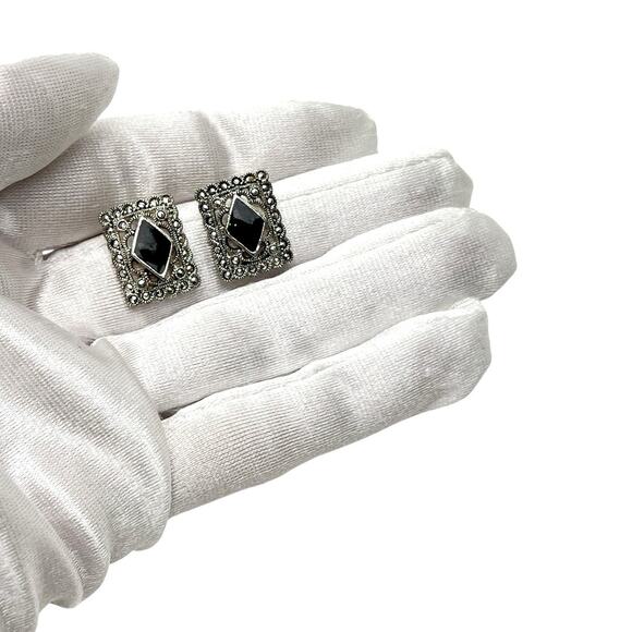 Earrings Silver Tone Filigree Faux Marcasite Black Stone Pierced Art Deco Style - Picture 3 of 8